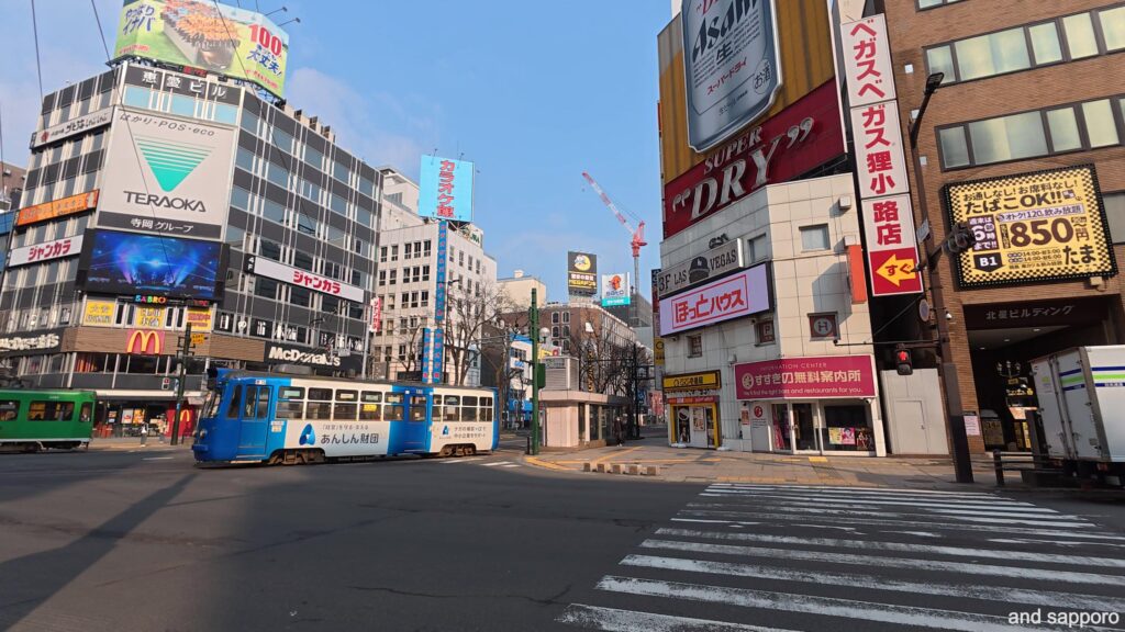 交差する路面電車！人もまばらな状況で見ると…得した気分でした